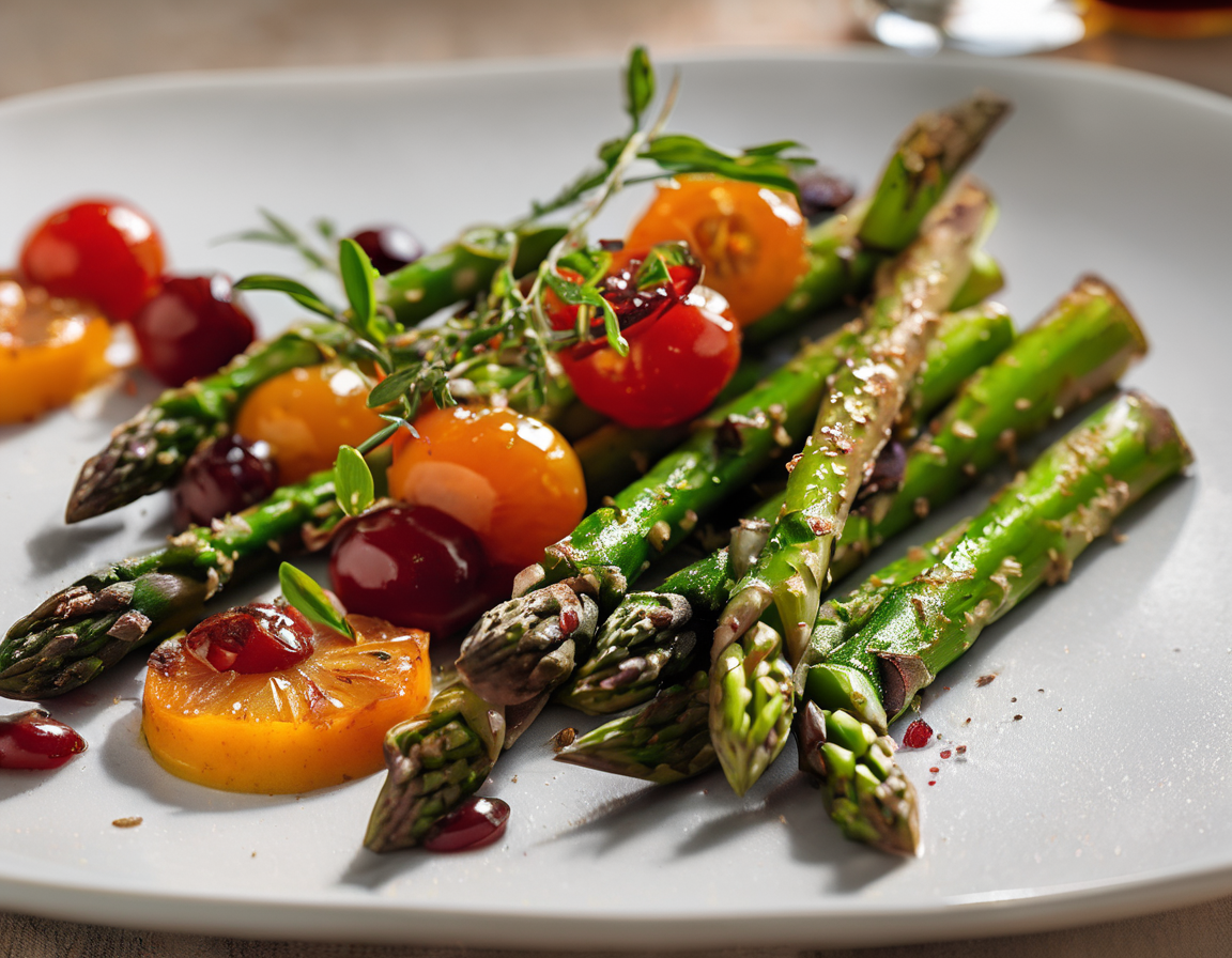 Espárragos al Horno con Puré de Batata y Tomates Cherry