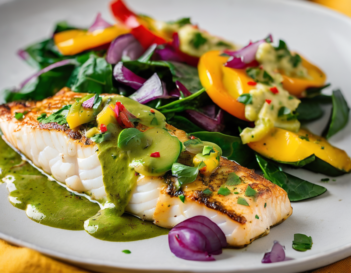 Pescado al Horno con Salsa de Aguacate y Vegetales Asados