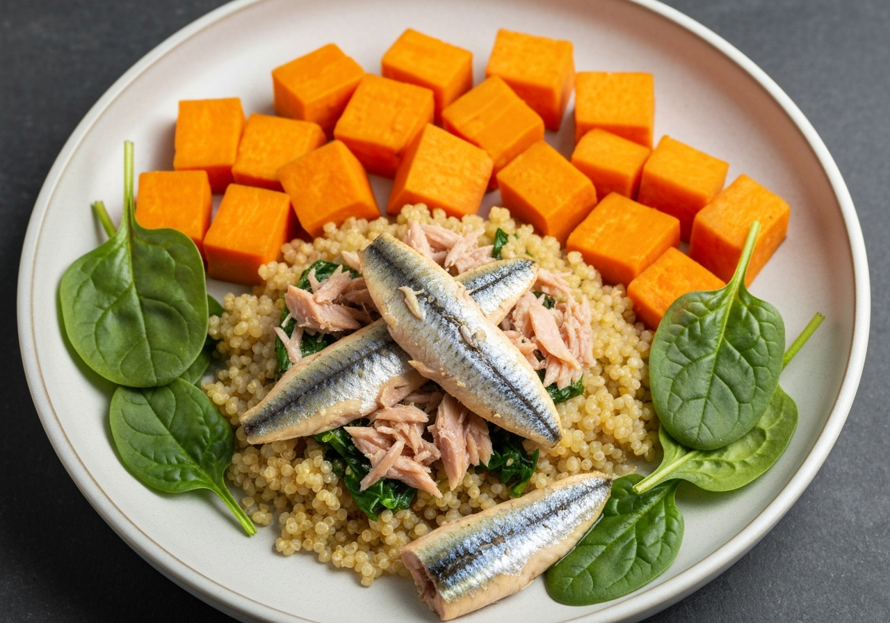 Bowl de Sardinas y Quinoa Bajo en FODMAP con Aderezo de Limón y Eneldo