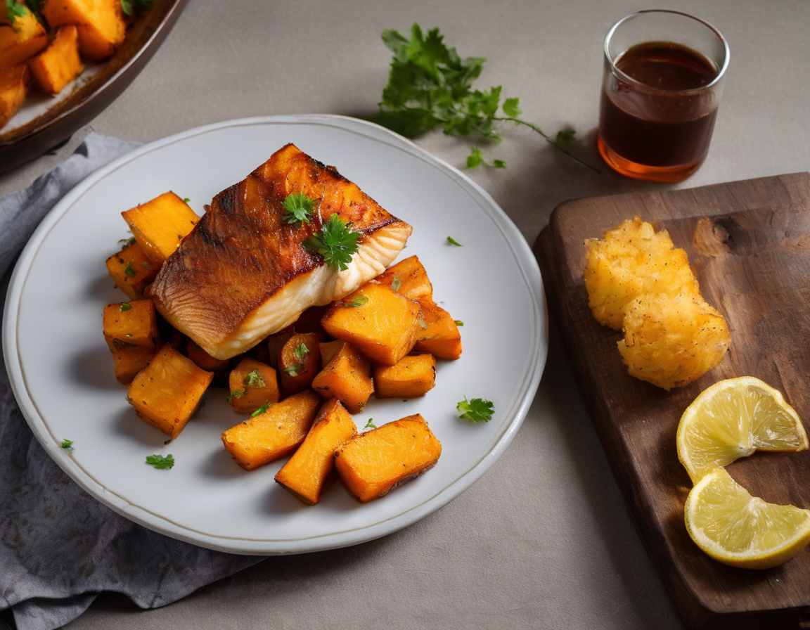 Pescado al Horno con Batatas Asadas y Salsa de Limón