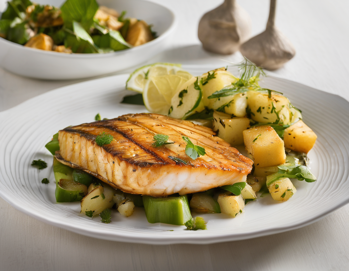 Pescado a la Parrilla con Puré de Batata y Ensalada de Pepino