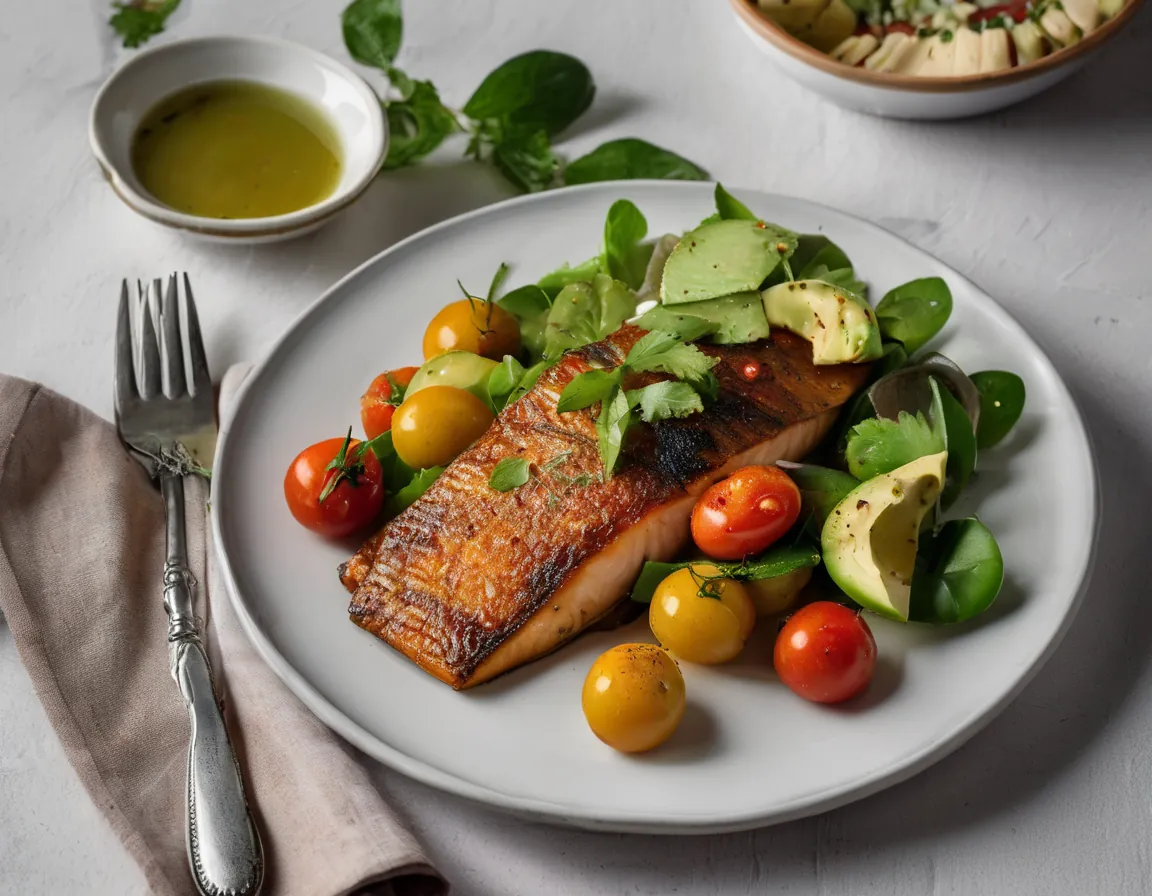 Pescado al Horno con Tomates Asados y Ensalada de Aguacate
