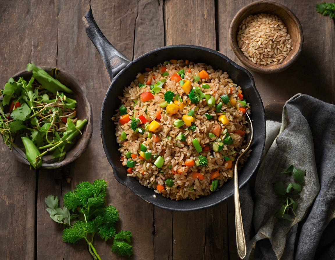Sartén de Arroz Integral y Verduras Bajo Índice Glucémico