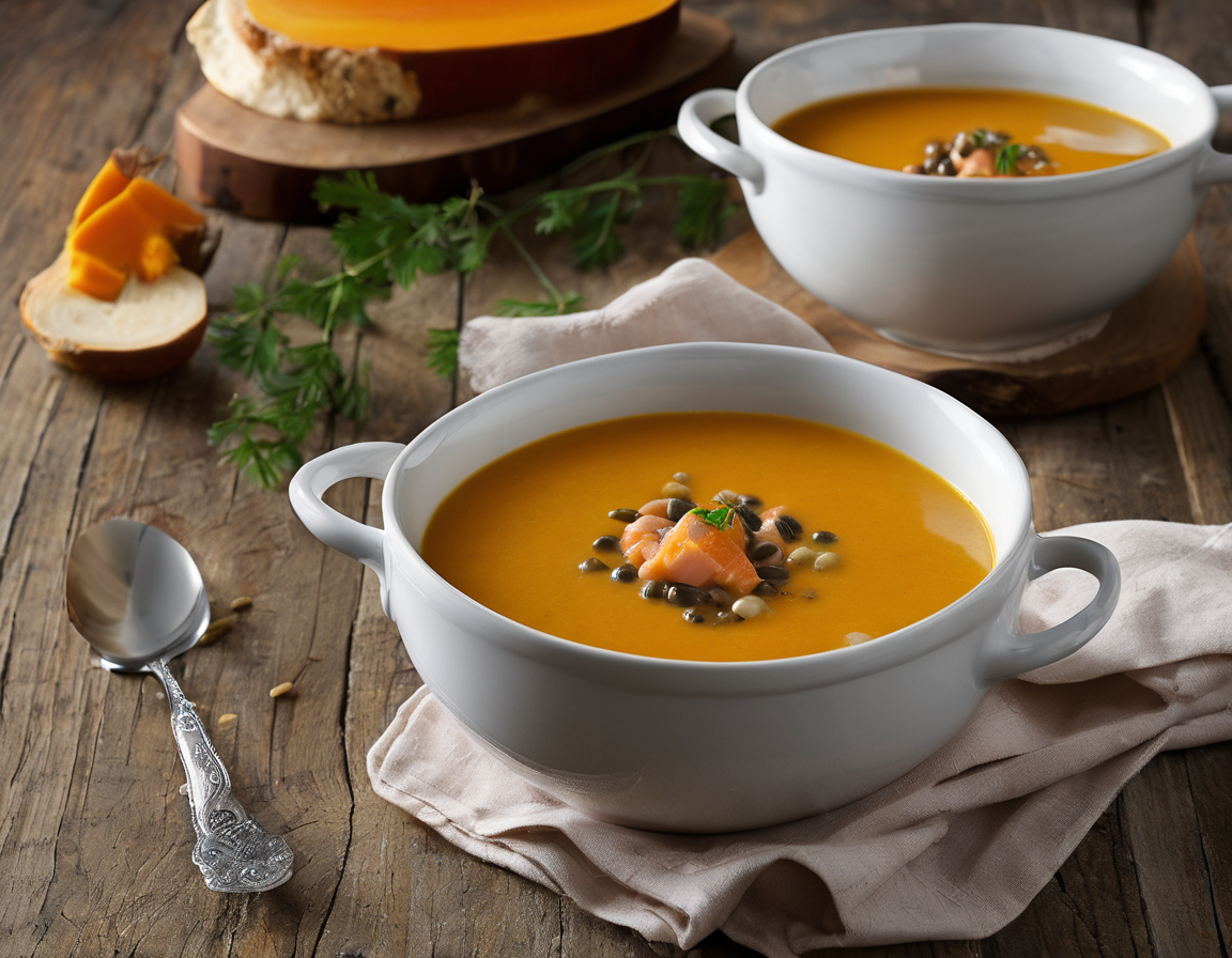 Sopa de Calabaza Canadiense con Lentejas y Salmón