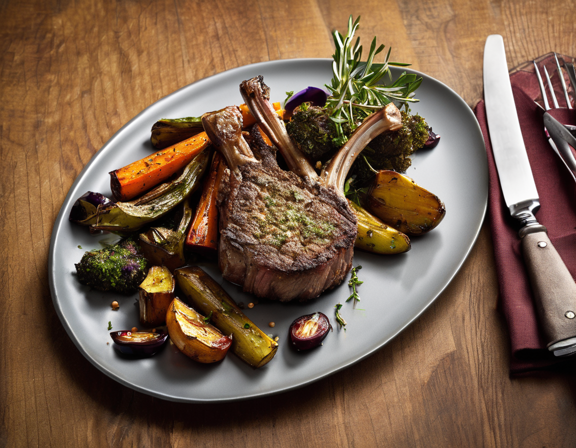 Chuletas de Cordero con Costra de Hierbas y Verduras Asadas