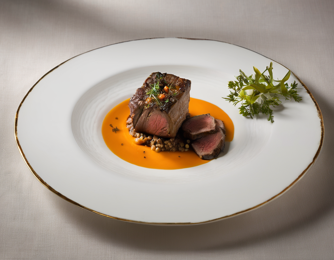 Cordero Asado con Puré de Zanahoria y Hierbas