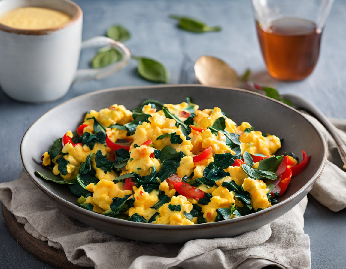 Huevos Revueltos Bajos en FODMAP con Espinacas y Pimientos