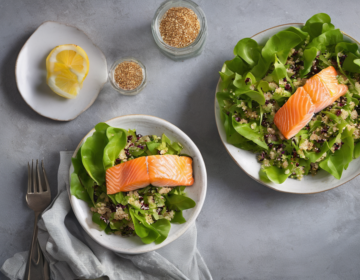 Ensalada de Lechuga Canadiense Suave con Salmón y Quinoa