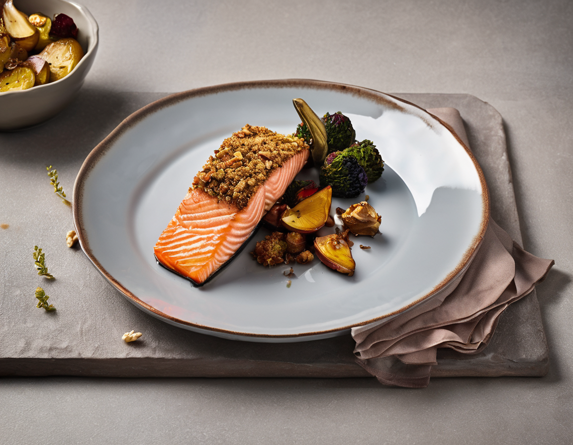 Salmón Horneado con Costra de Nueces y Verduras Asadas