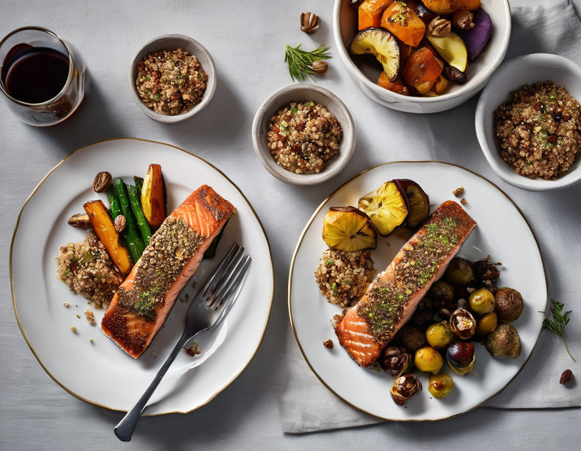 Salmón con Costra de Nueces con Quinoa y Verduras Asadas