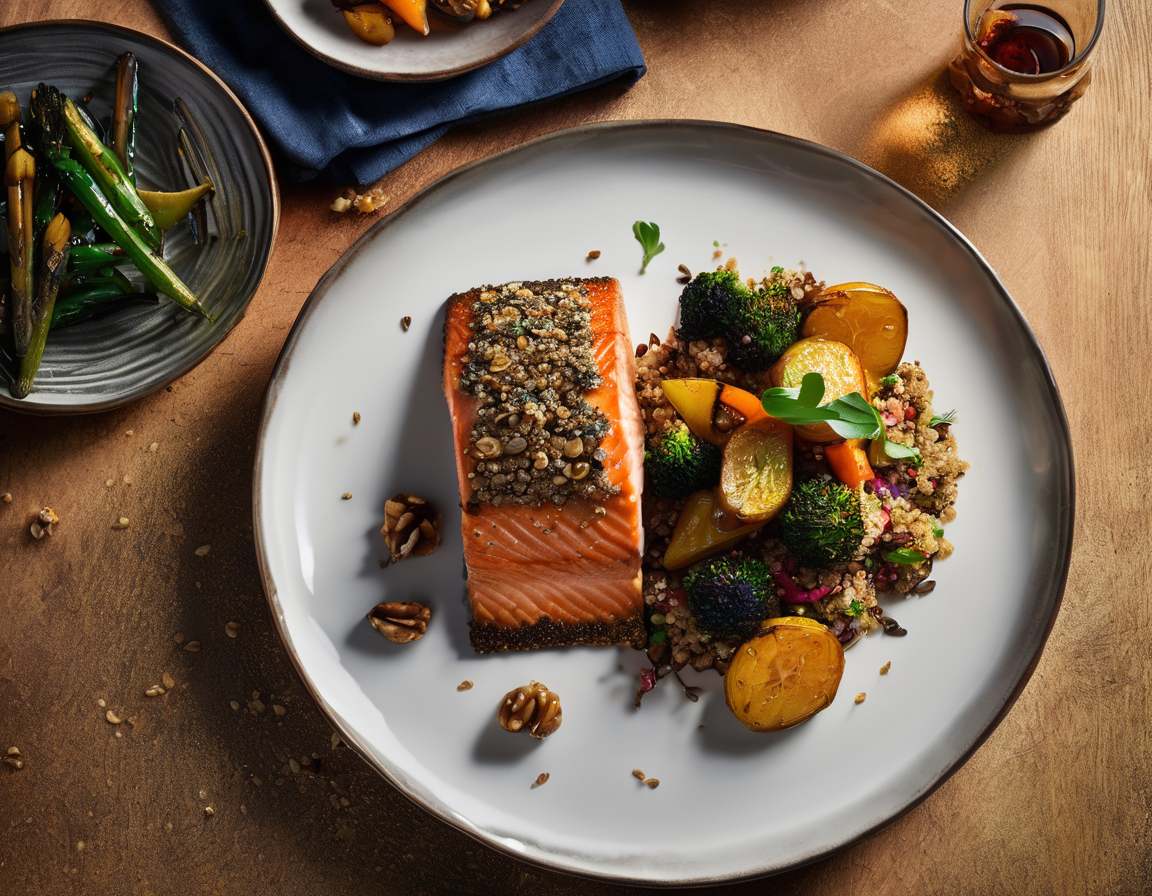 Salmón con Costra de Nueces con Quinoa y Verduras Asadas