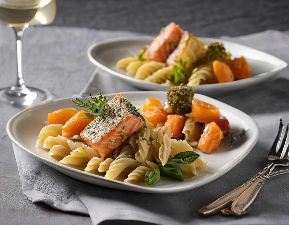 Pasta de Trigo Integral con Verduras Asadas y Salmón