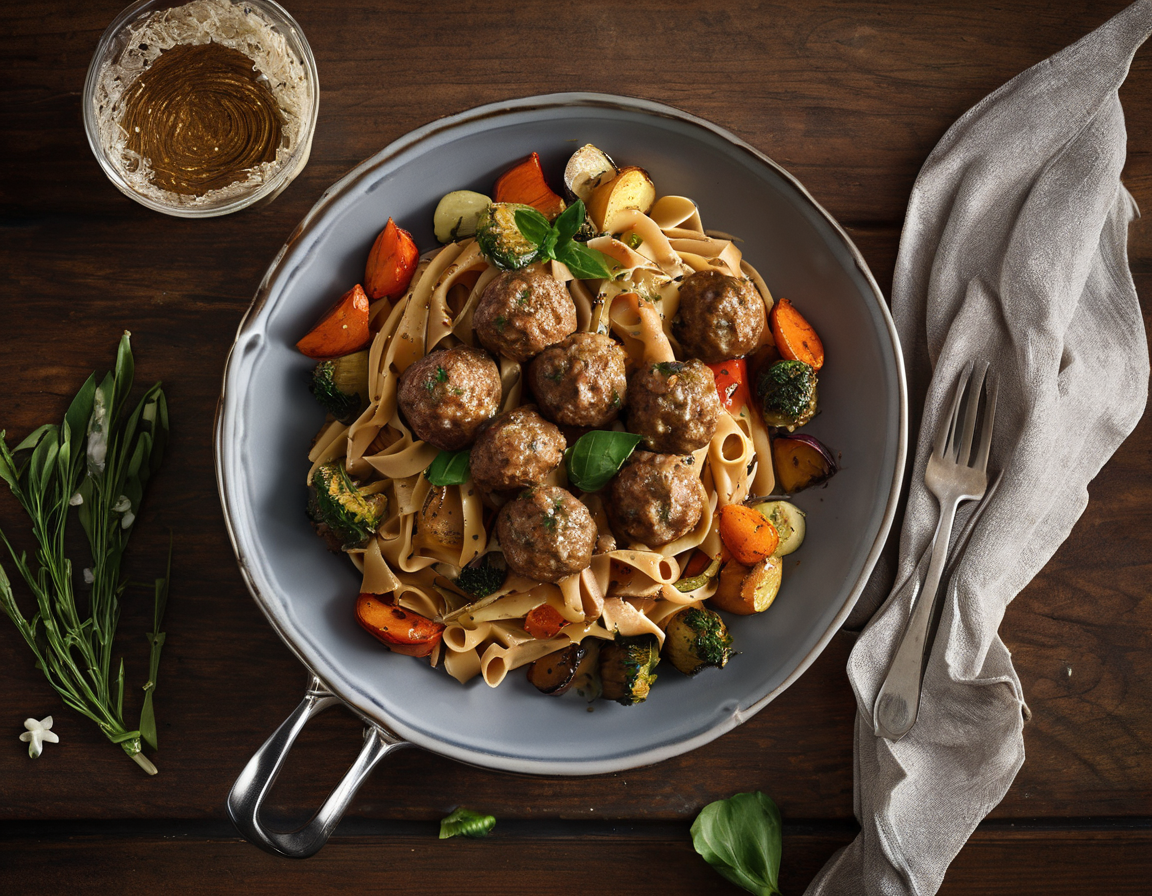 Pasta Integral con Albóndigas de Pavo y Verduras Asadas