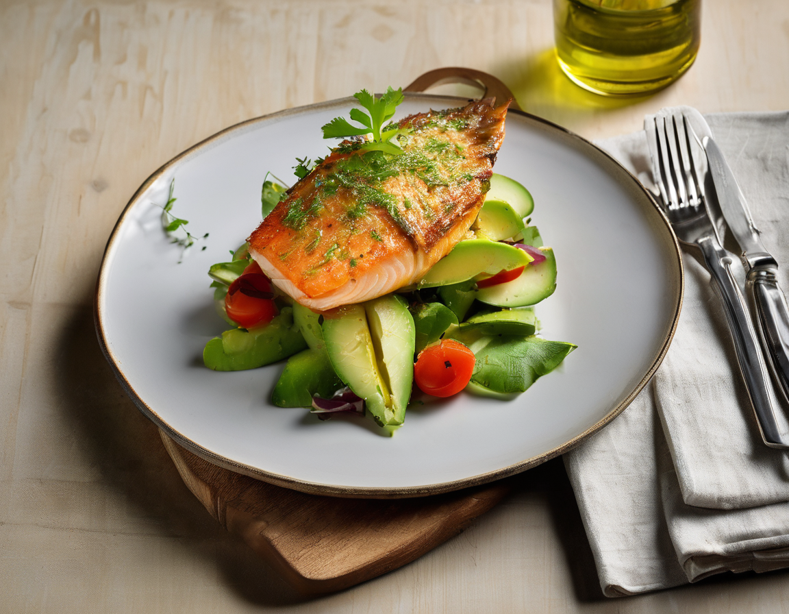 Pescado al Horno con Ensalada de Aguacate y Tomate