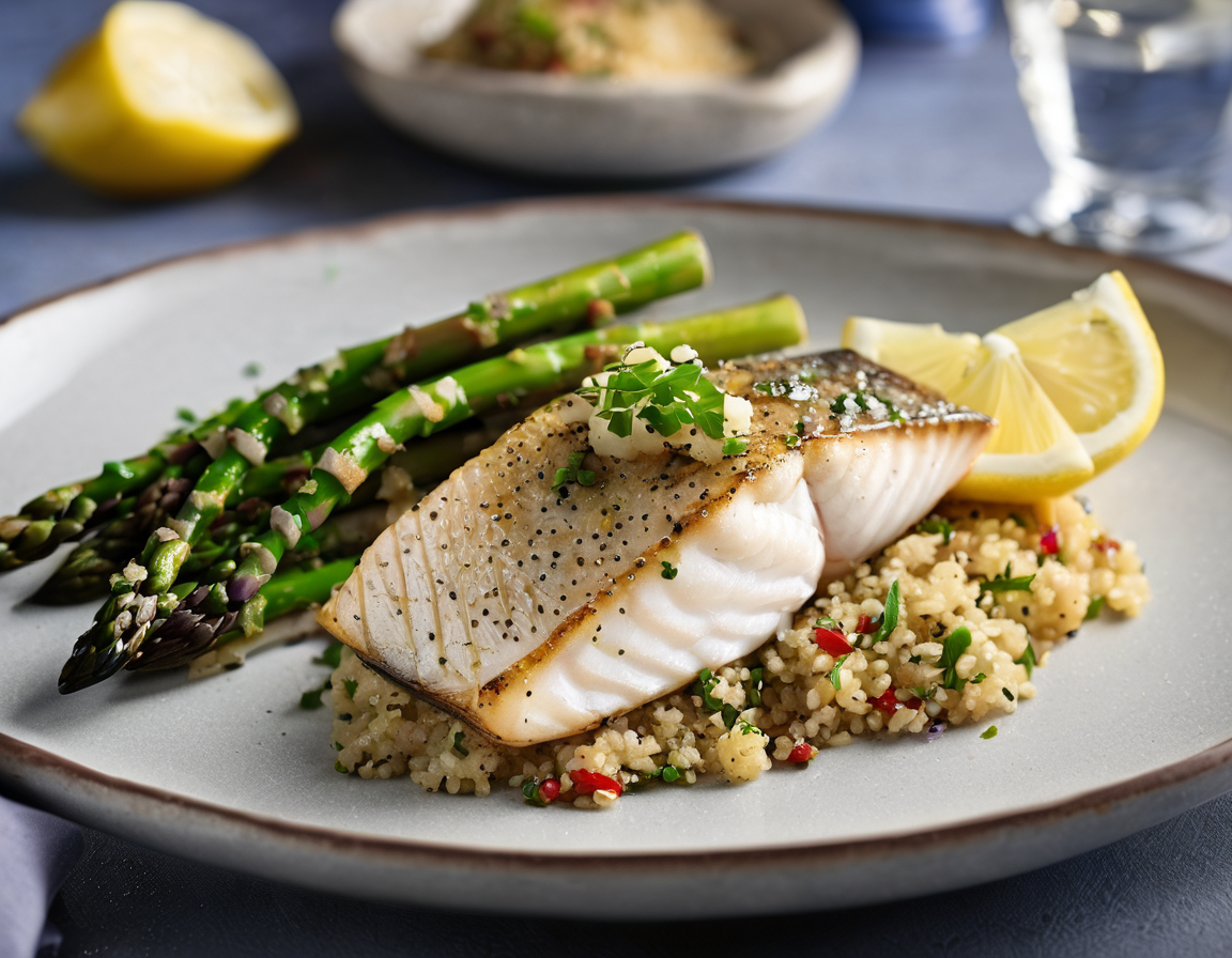 Pescado Blanco Sellado en Sartén con Quinoa de Limón y Hierbas y Espárragos Asados