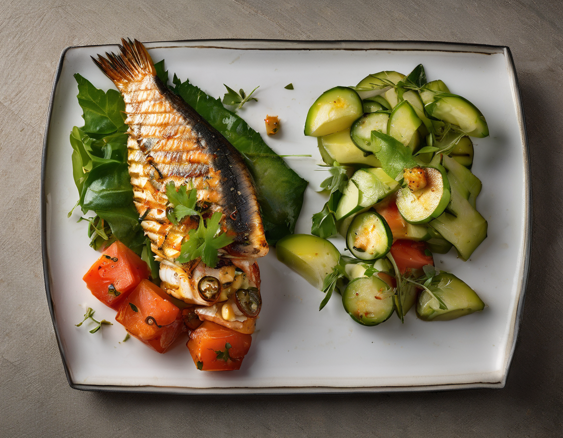 Pescado a la Parrilla con Ensalada de Pepino y Tomate