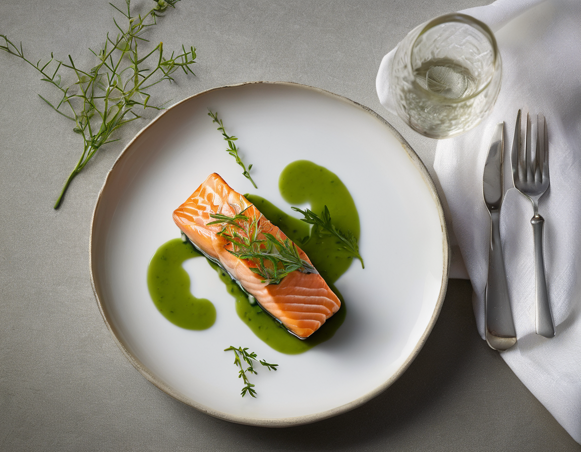 Filete de Salmón con Hierbas y Verduras Verdes a la Francesa