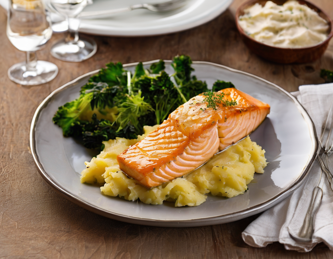 Salmón al Horno con Puré de Batata y Col Rizada