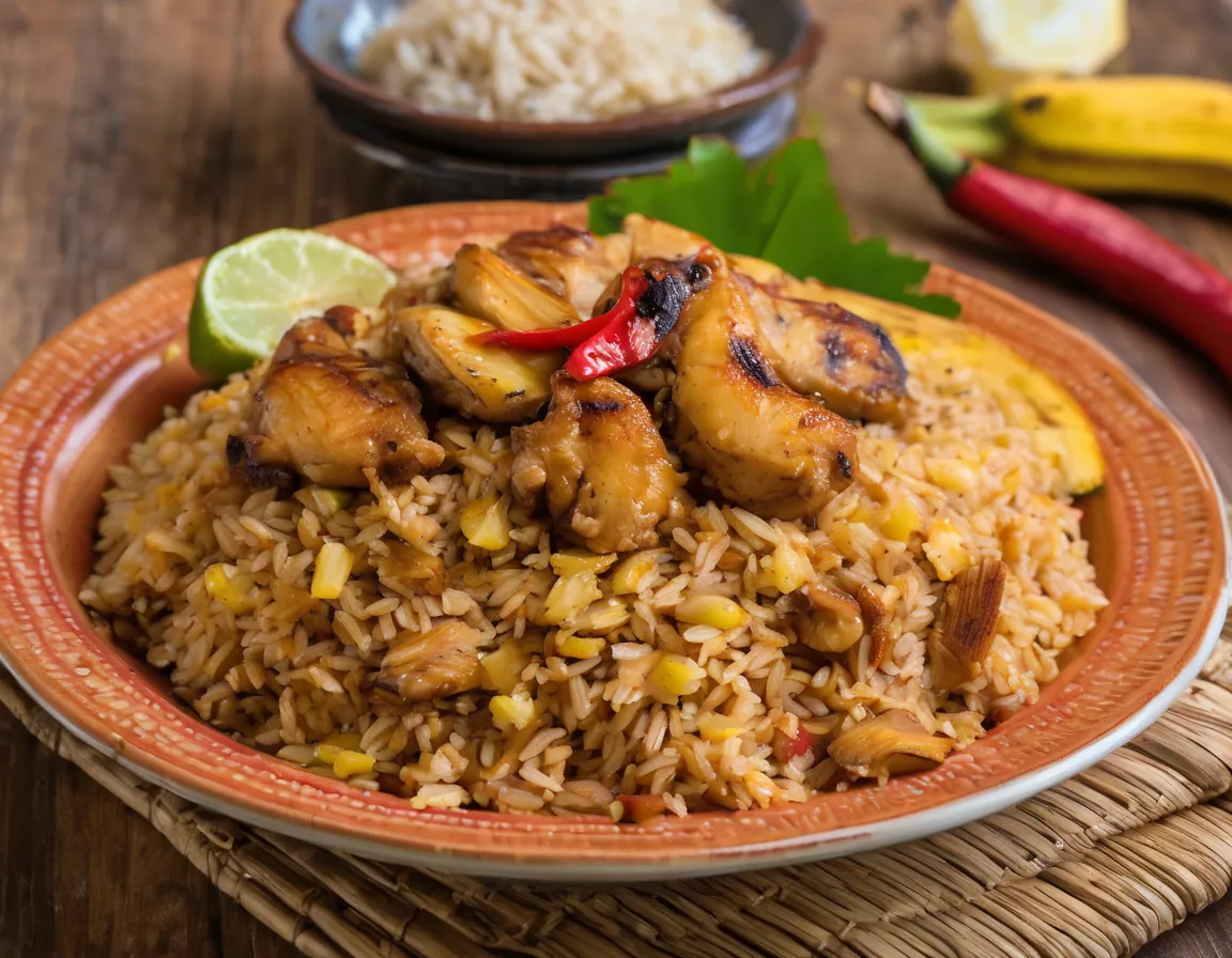 Arroz Integral con Plátano Asado y Pollo Desmenuzado