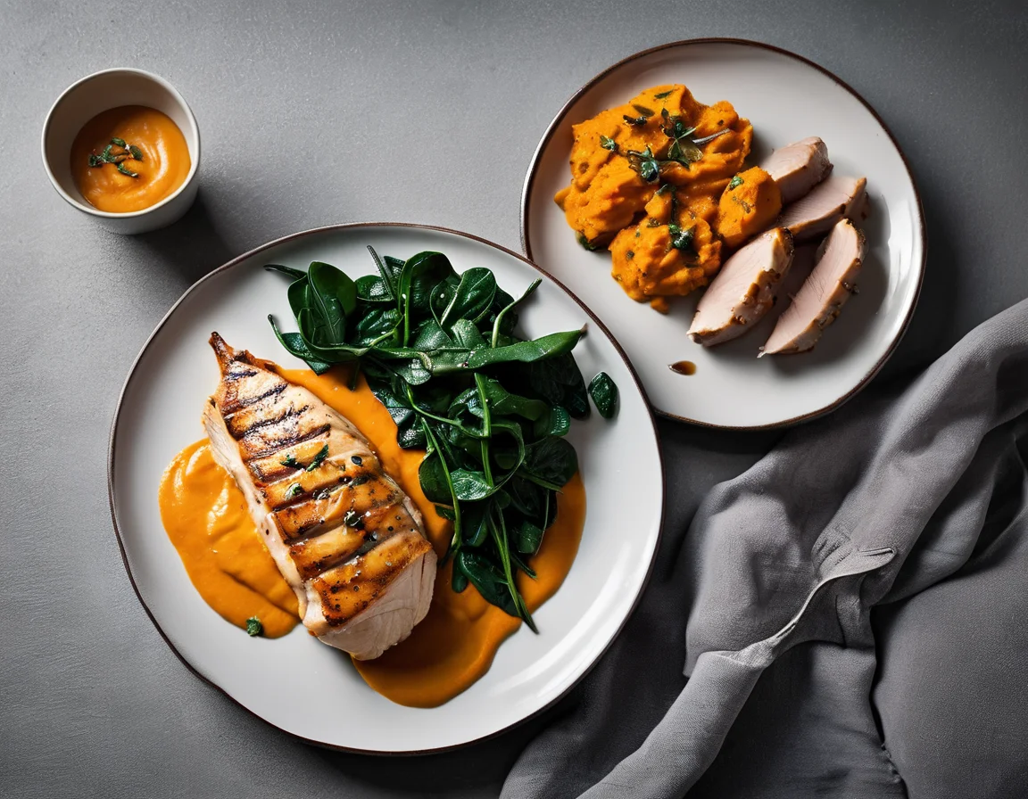 Pechuga de Pollo al Romero con Puré de Boniato y Espinacas Salteadas