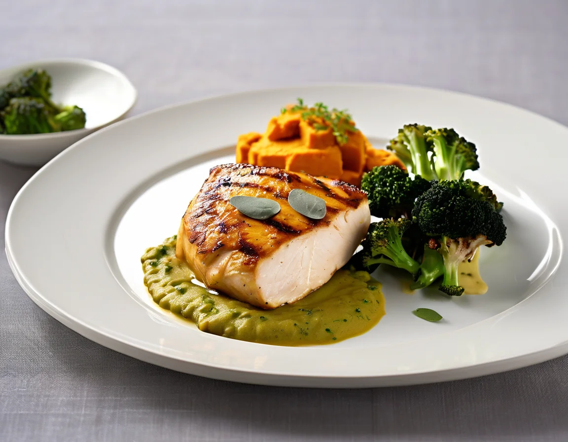 Pechuga de Pollo con Salvia sobre Puré de Batatas y Brócoli Cocido