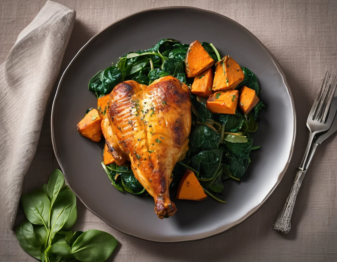 Pollo al Horno con Batatas y Espinacas a la Española