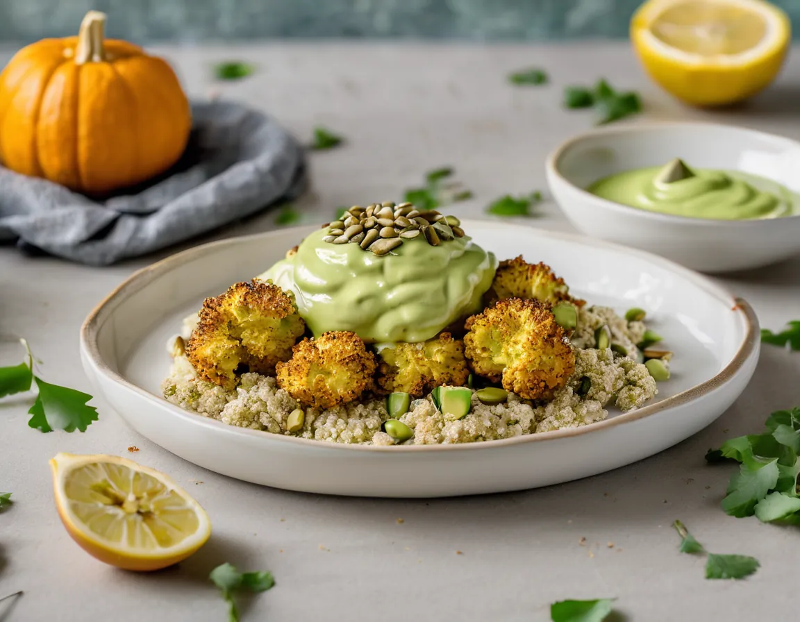 Coliflor al Horno con Salsa de Aguacate y Quinoa