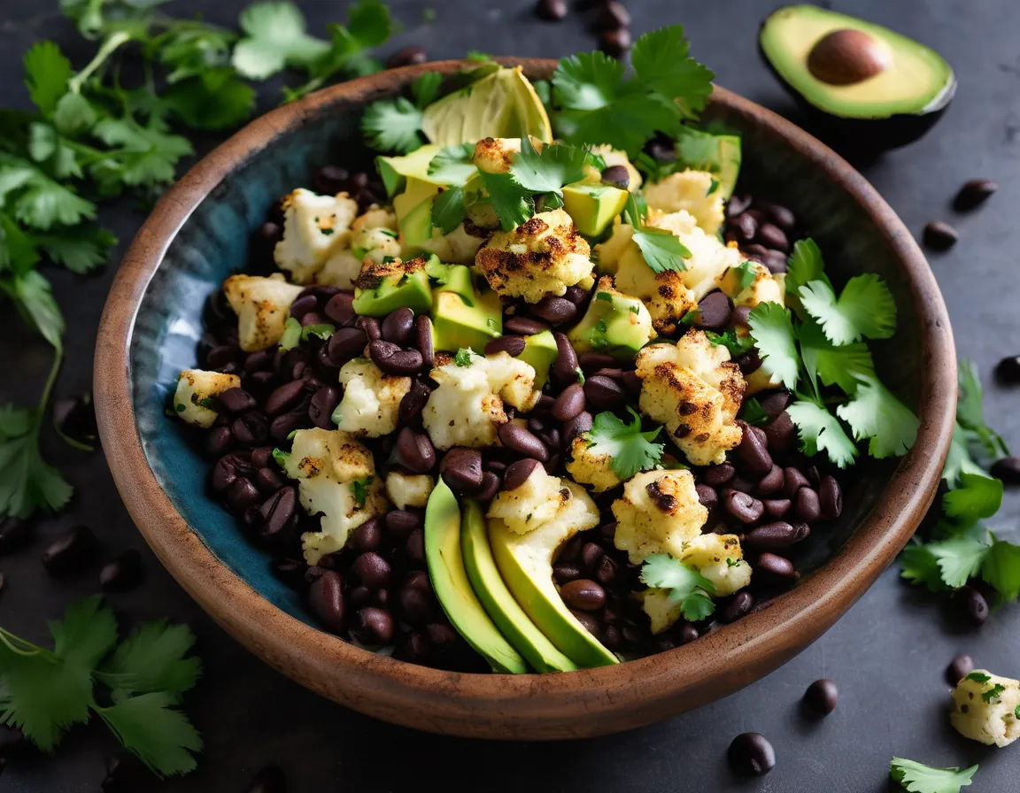Coliflor Asada con Frijoles Negros y Aguacate