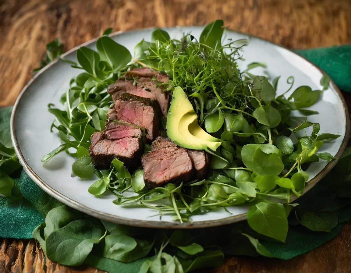 Cordero Asado con Ensalada de Rúcula y Aguacate