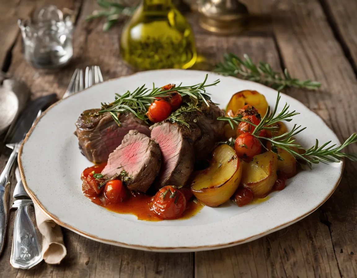 Cordero Asado con Manzana al Horno y Puré de Calabaza
