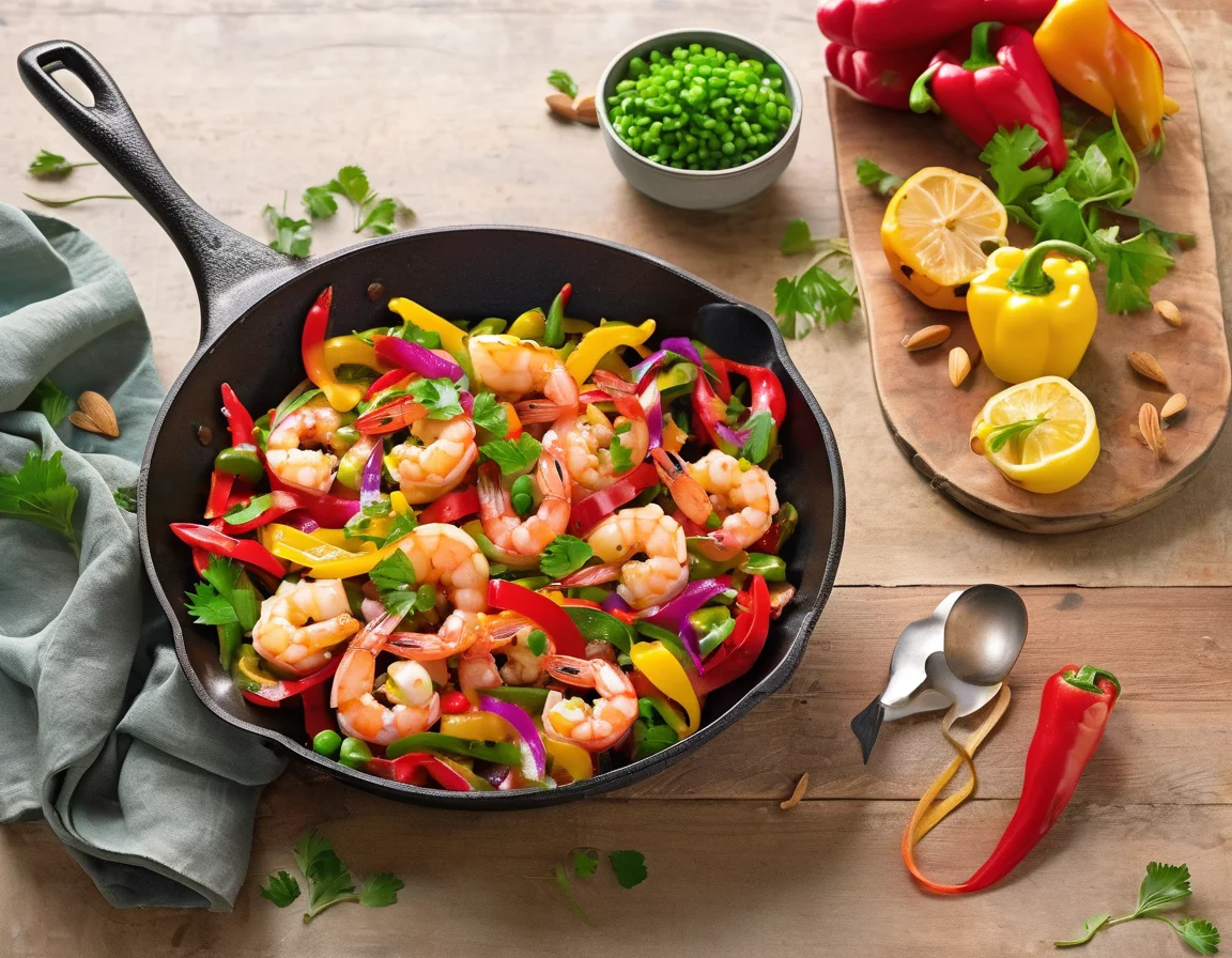 Gambas al Ajillo con Pimientos Asados