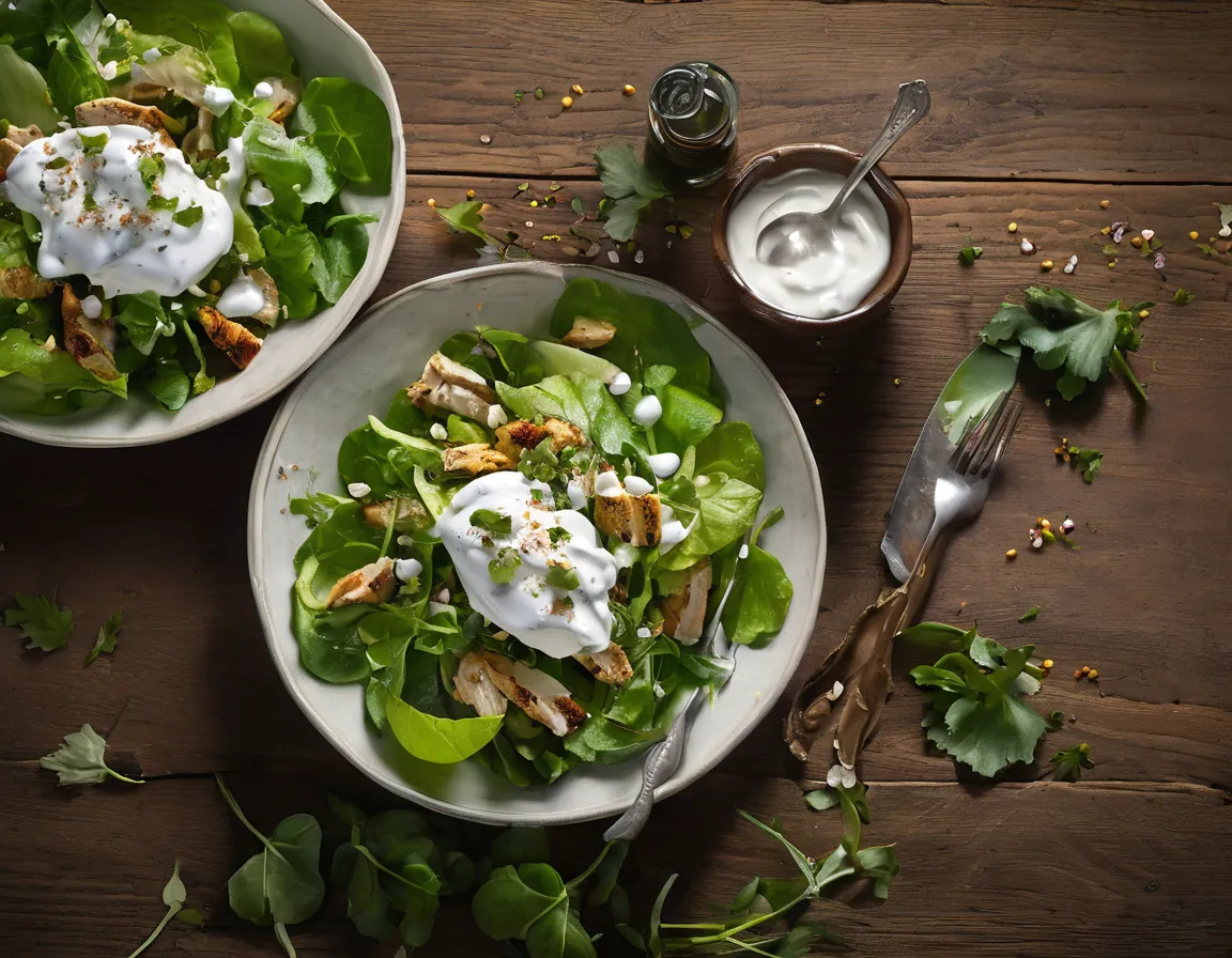 Ensalada de Lechuga con Pollo a la Parrilla y Salsa de Yogur