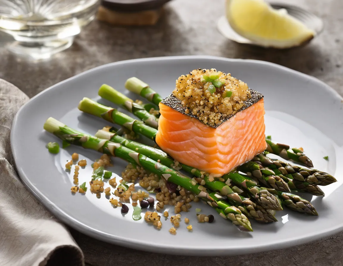 Espárragos a la canadiense con salmón y quinoa