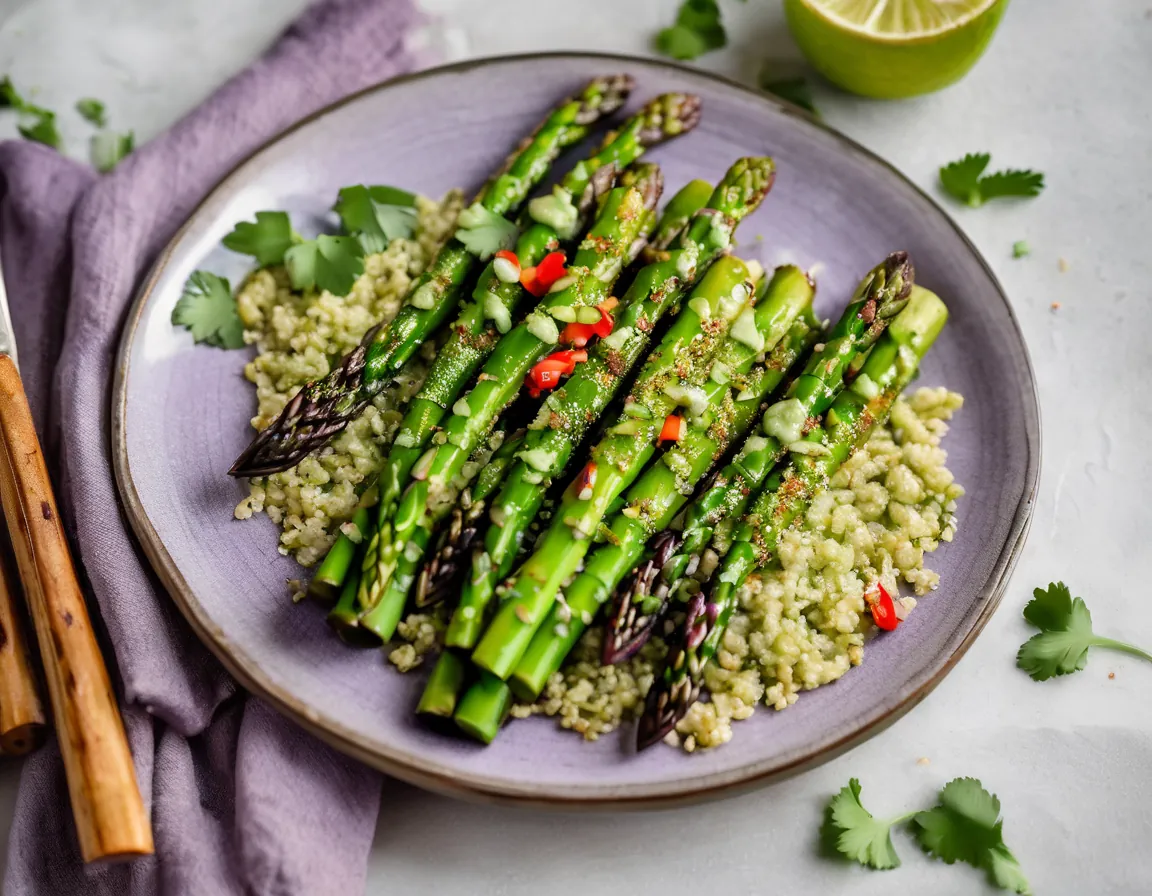 Espárragos a la Parrilla con Salsa de Aguacate y Quinoa