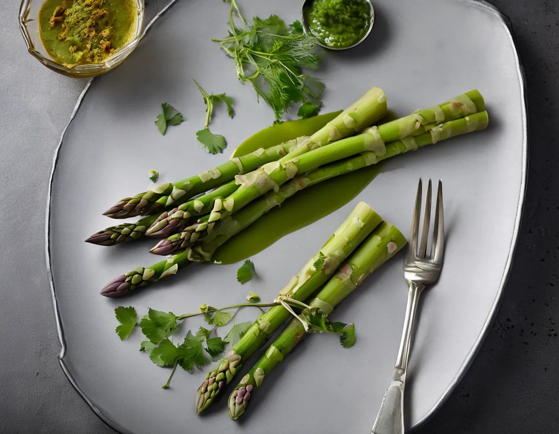 Espárragos al vapor con puré de batata y cilantro