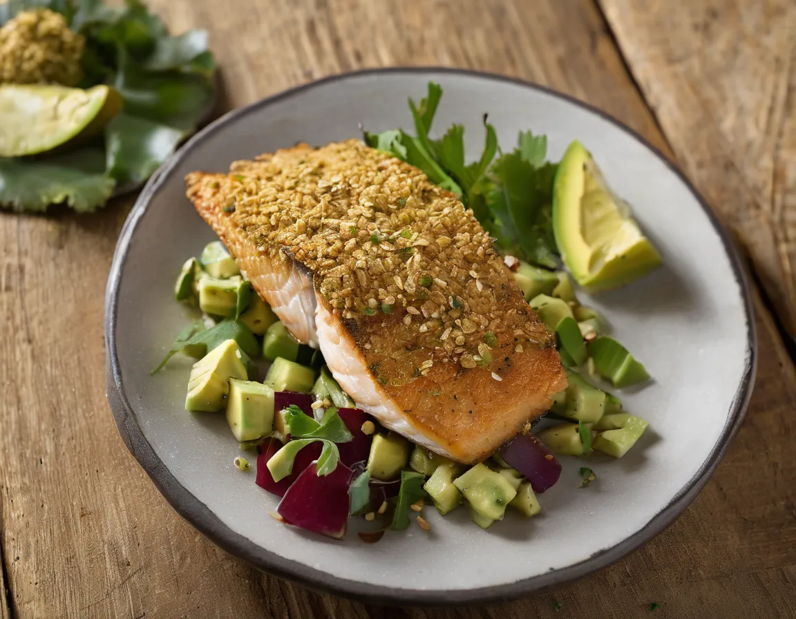 Filete de Pescado con Costra de Avena y Ensalada de Aguacate Adaptado para Resistencia a la Insulina