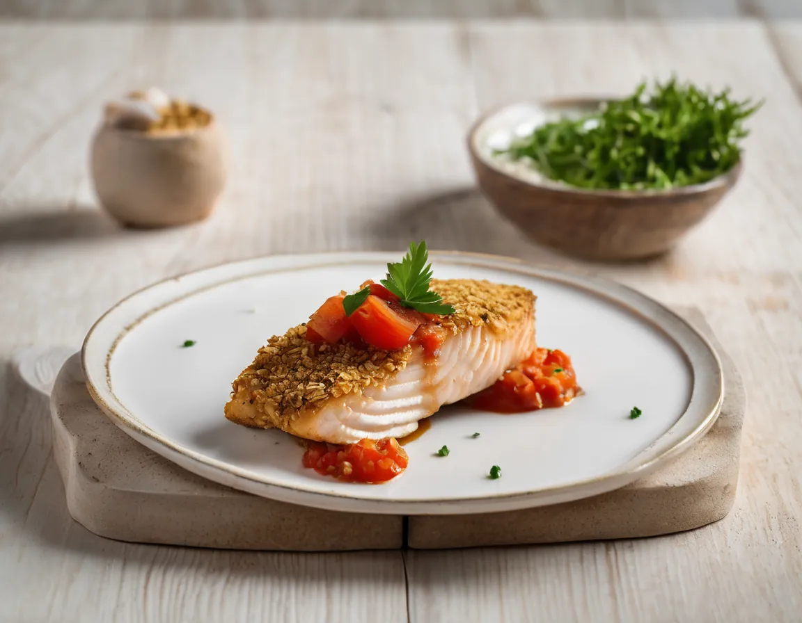 Filete de Pescado con Costra de Avena y Salsa de Tomate Latino Adaptado para Hipercolesterolémia