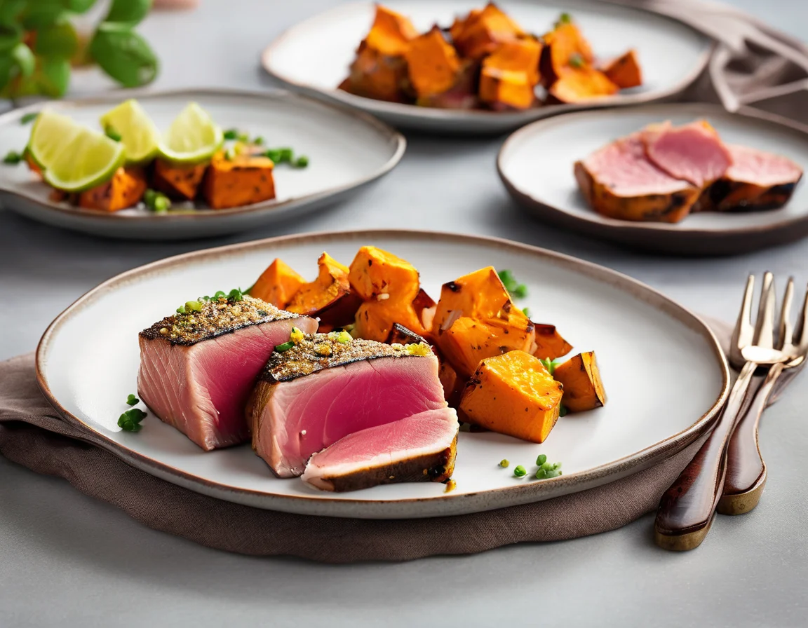 Atún a la Plancha con Puré de Boniato y Hierbas