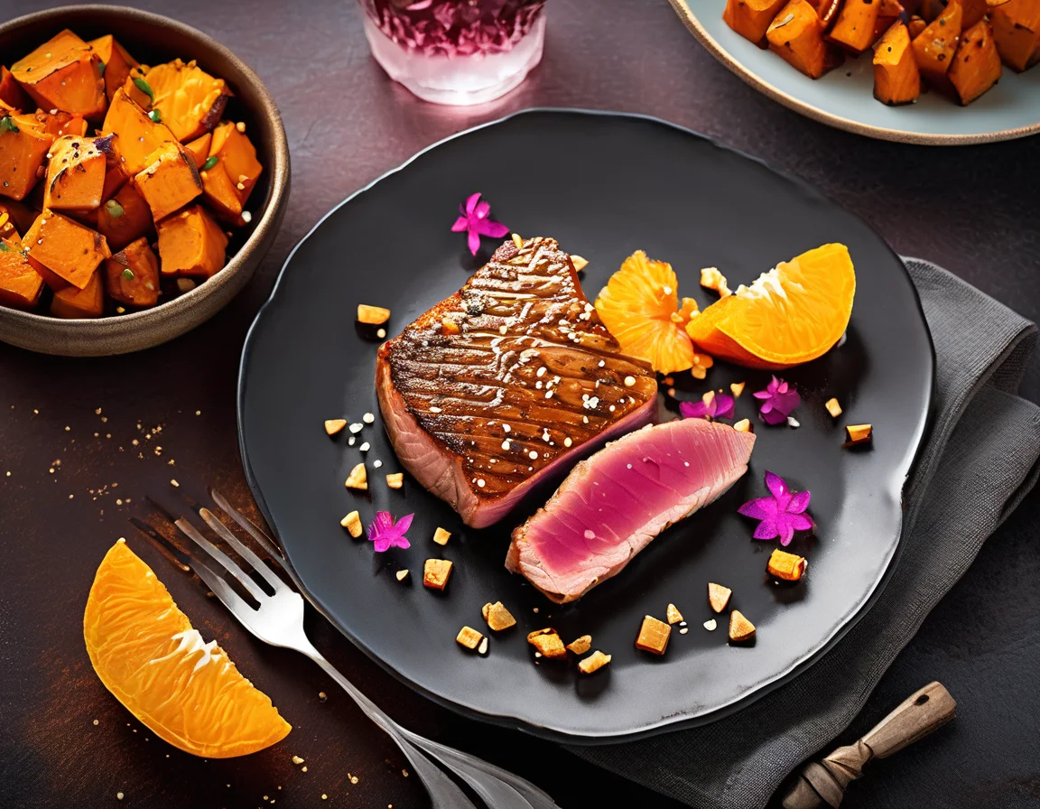 Atún a la Plancha con Puré de Boniato y Pisto