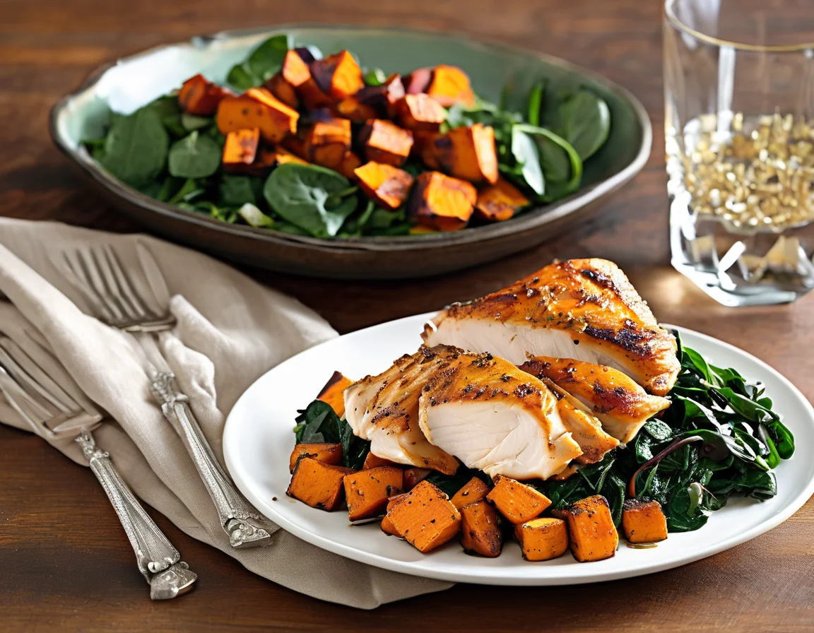 Pechuga de Pollo al Romero con Puré de Boniato y Ensalada de Espinacas