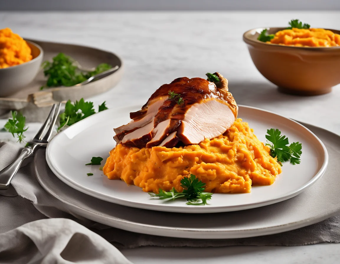 Pavo Asado con Puré de Batata y Salsa de Yogur
