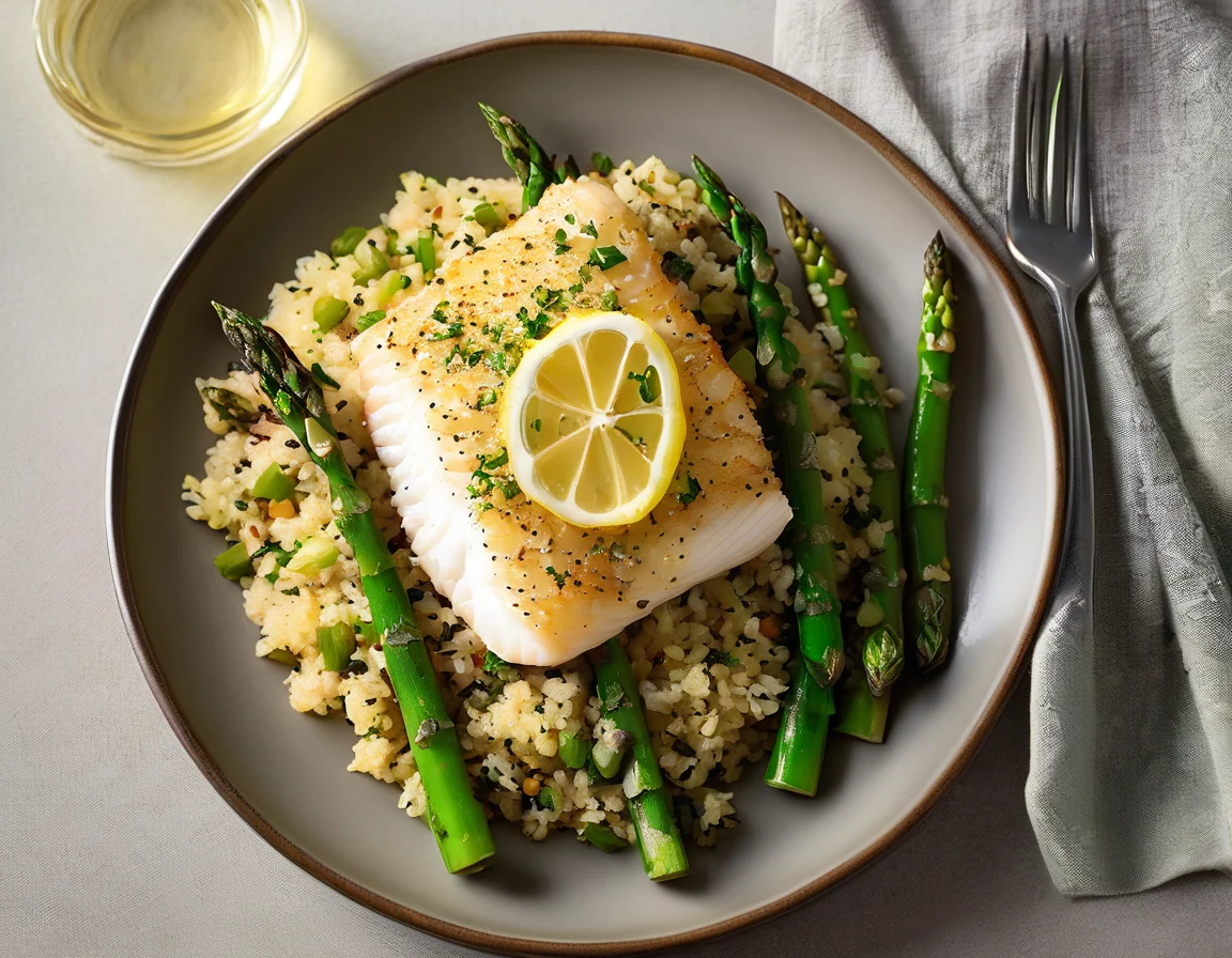 Bacalao al Horno con Espárragos Verdes y Salsa de Almendras