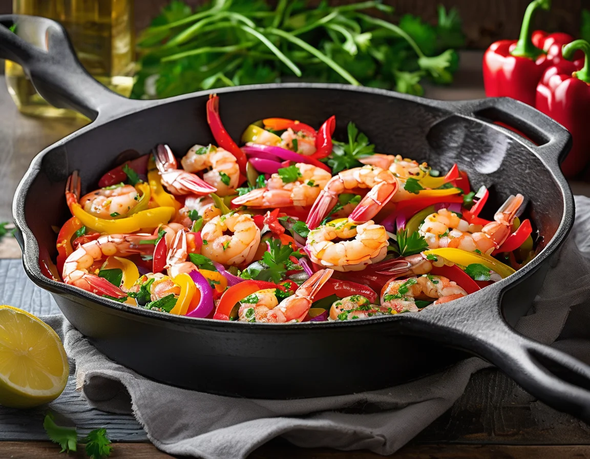 Gambas al Ajillo con Pimientos Asados