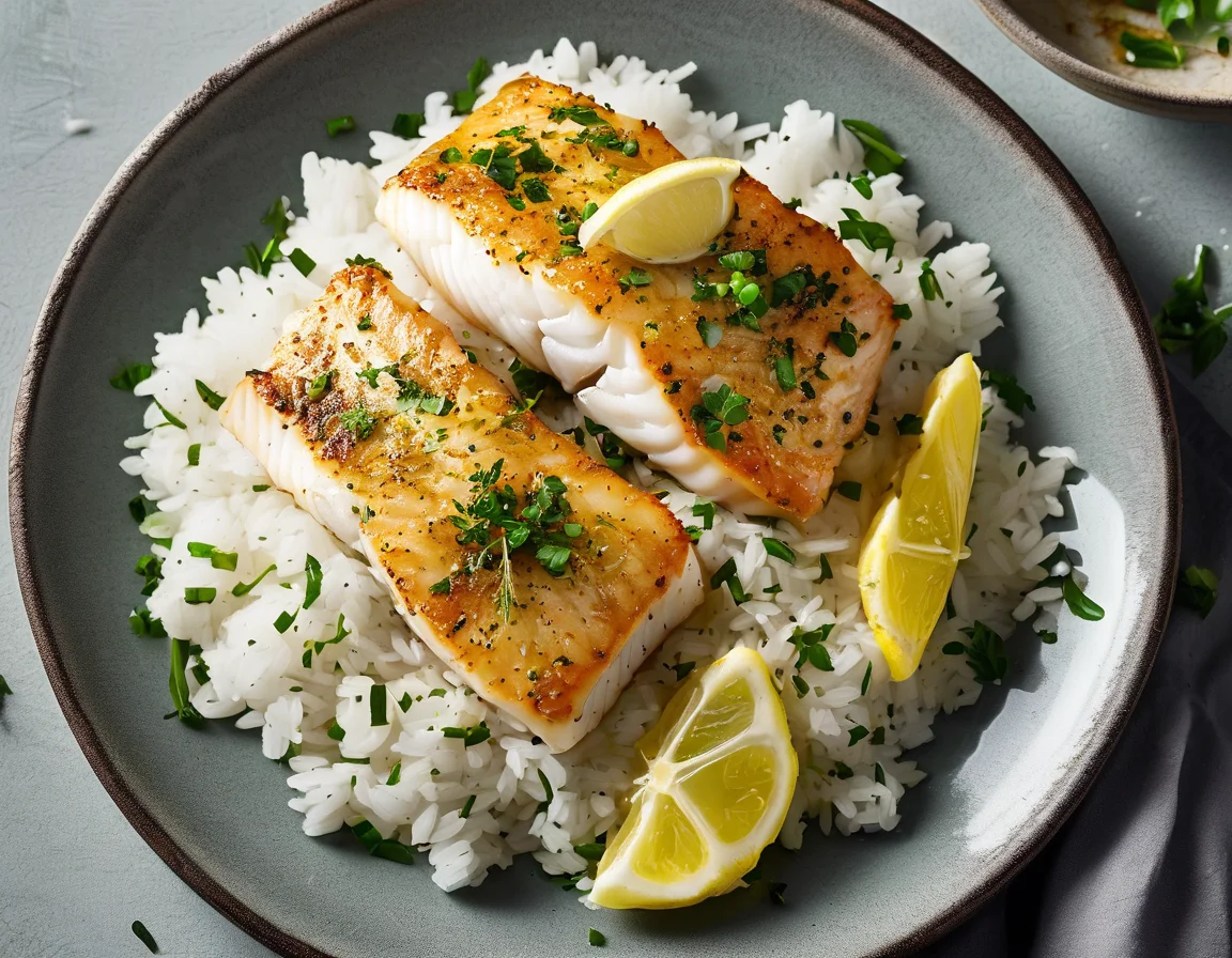 Arroz Dorado con Lomo de Merluza al Limón