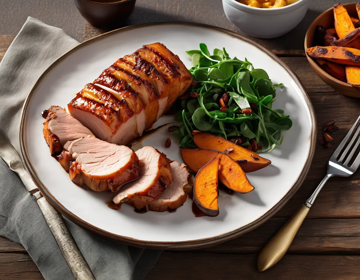 Lomo de Cerdo a la Española con Puré de Boniato y Ensalada de Espinacas