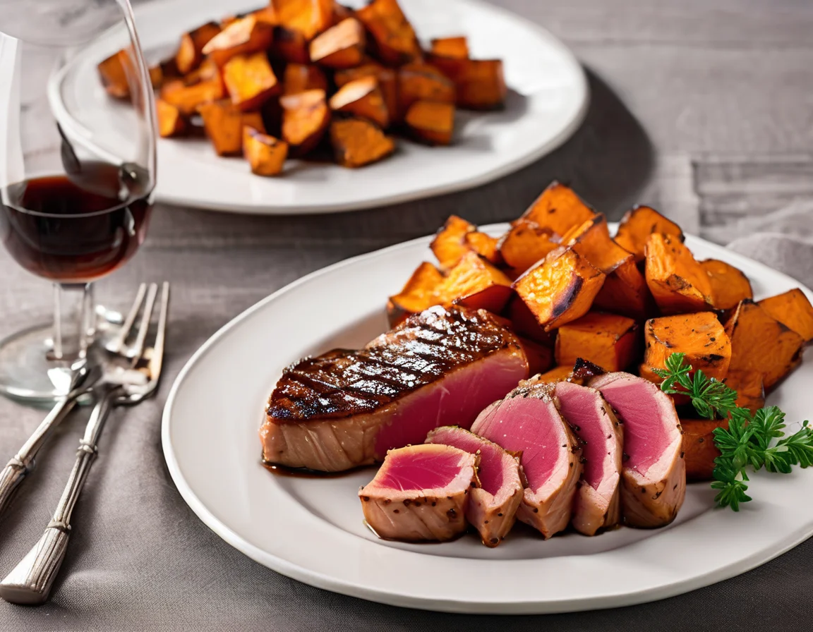 Atún a la Plancha con Puré de Boniato y Pisto