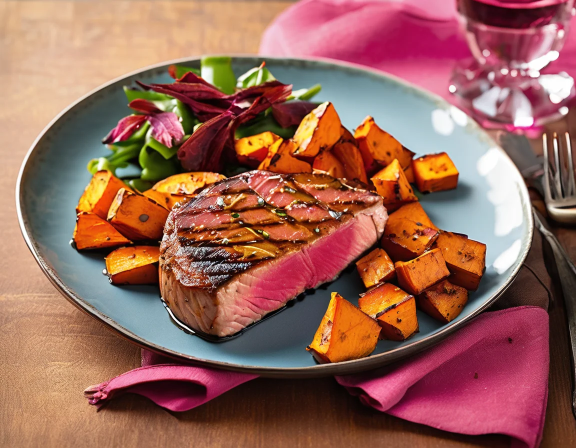 Atún a la Plancha con Puré de Boniato y Ensalada de Garbanzos