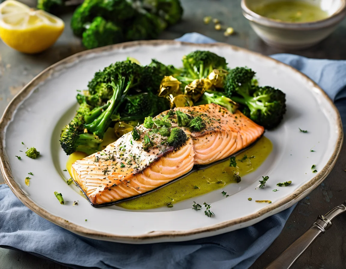 Salmón Mediterráneo con Brocoli Asado y Salsa de Limón y Hierbas