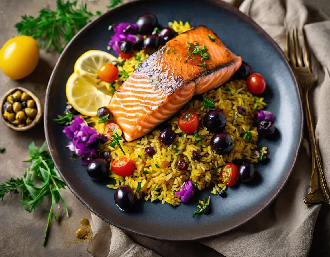 Salmón Mediterráneo con Arroz Integral y Salsa de Limón y Eneldo