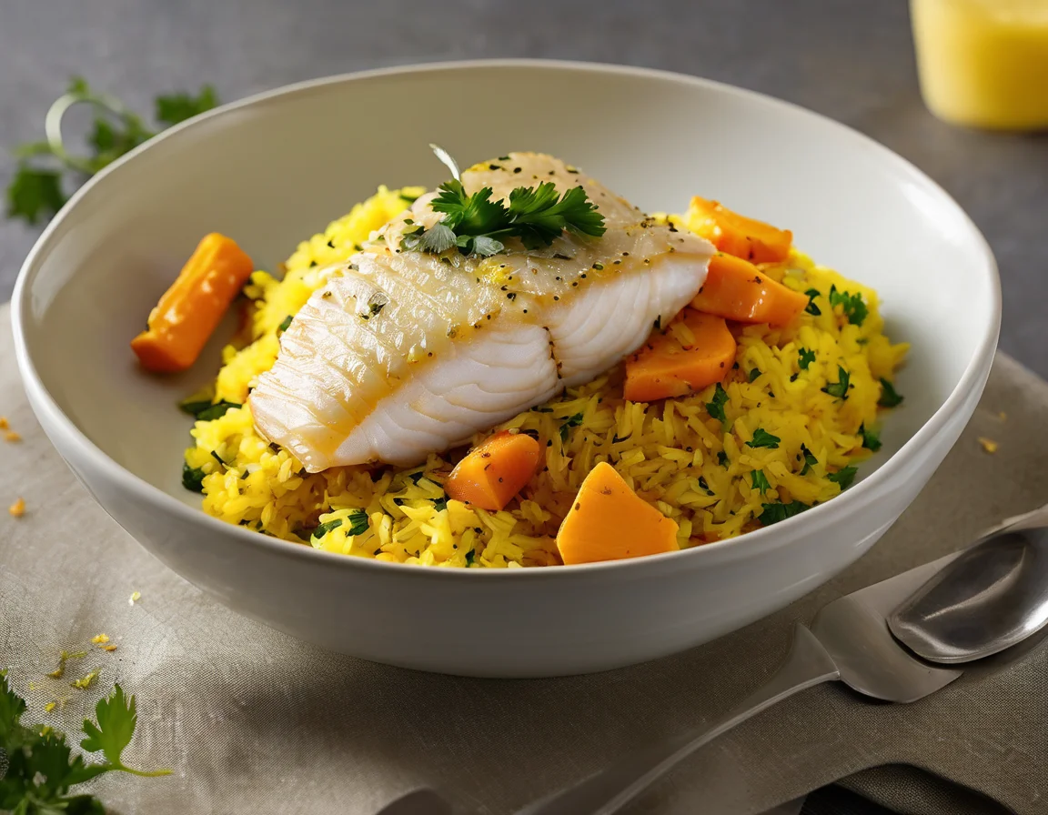Arroz Dorado con Lomo de Bacalao y Salsa de Yogur y Eneldo